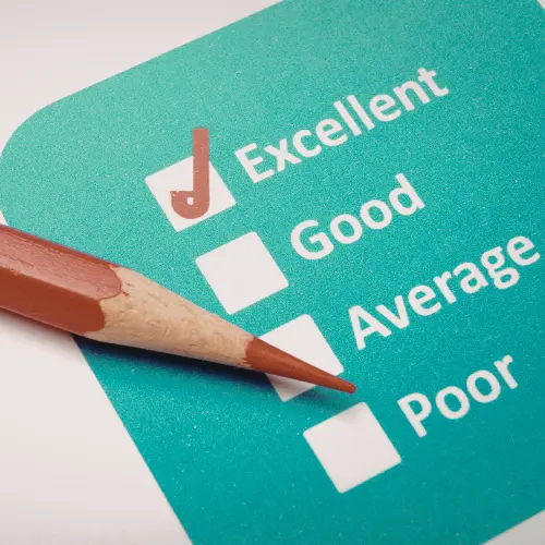 4 answers to a business questionnaire, the answers are 'Excellent', 'Good', 'Average' & 'Poor' Excellent is ticked.