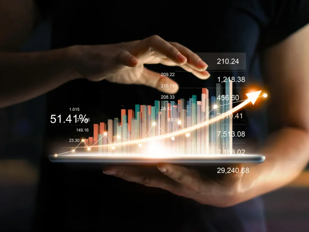 A 3D looking graph super-imposed above a tablet screen.