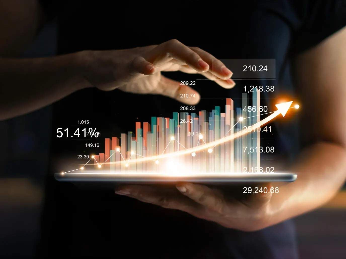 A 3D looking graph super-imposed above a tablet screen.