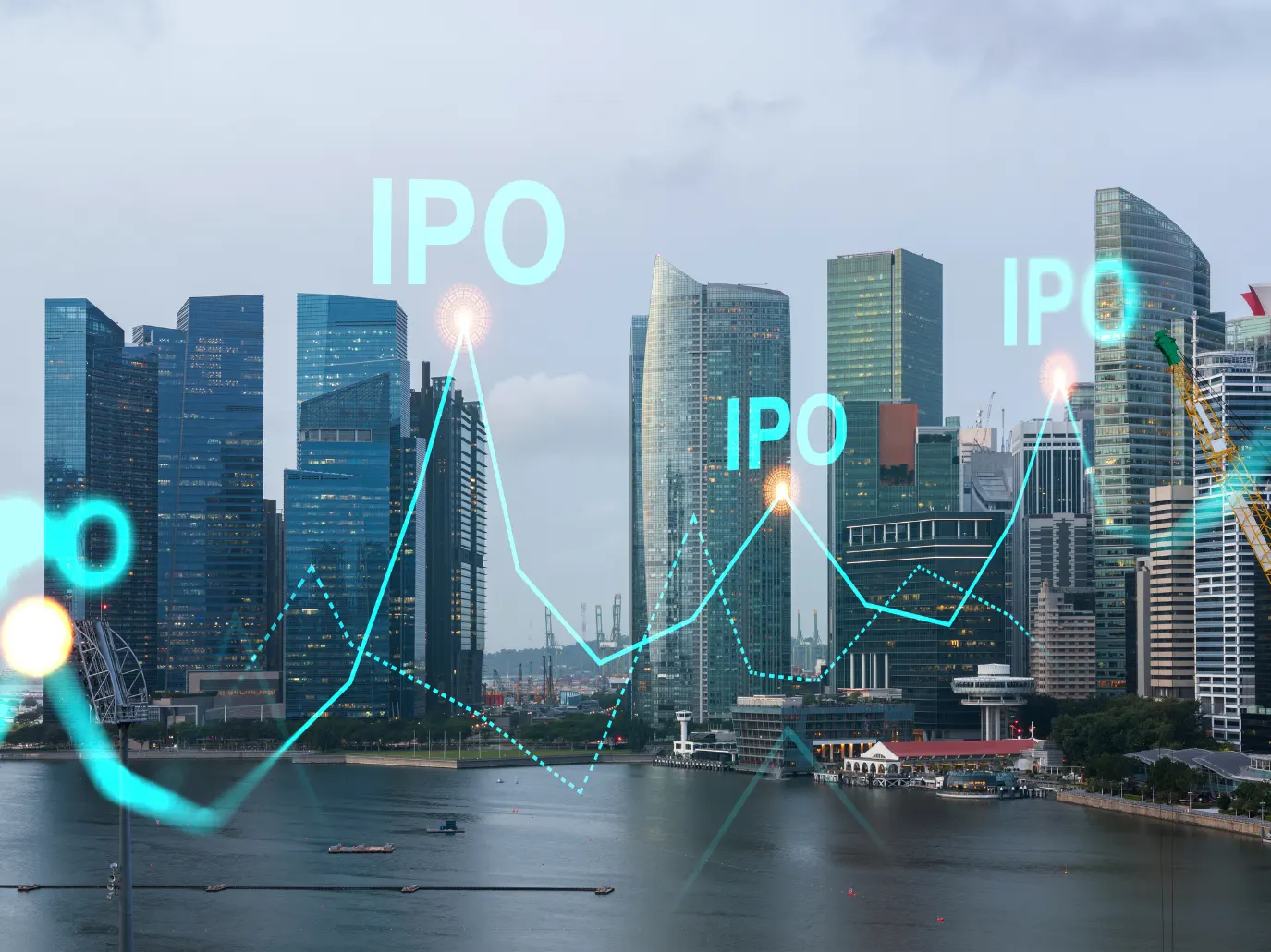 A city skyline with IPO graphs super-imposed.